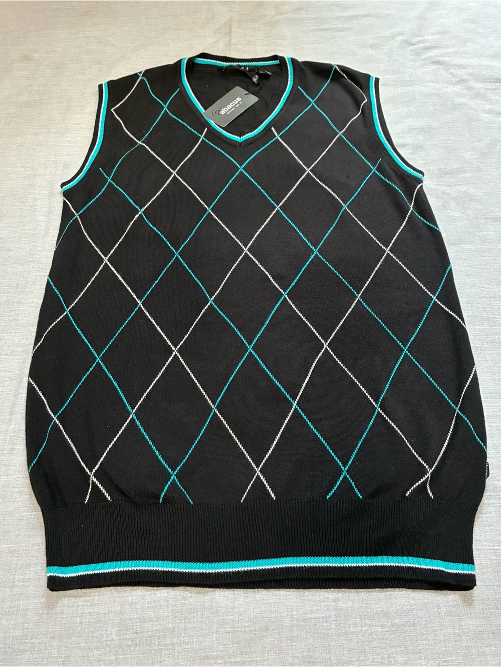 Men's Sleeveless V-Neck Argyle Sweater Vest - Black with Teal and White